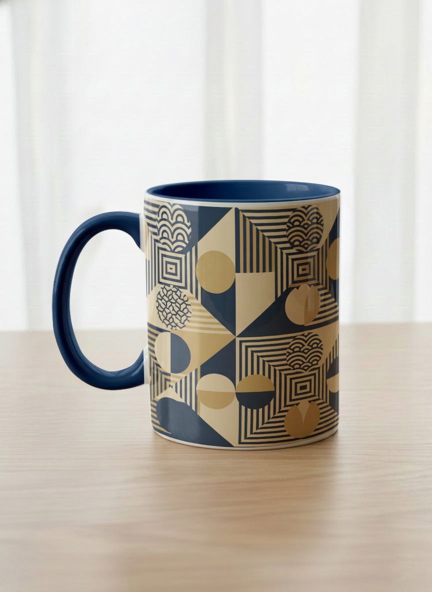 Classic Mug | Fractured Horizon Drift left view mug, navy and gold geometric pattern, dark interior and handle, by Alan CL Lee - Gallery By Inhesion