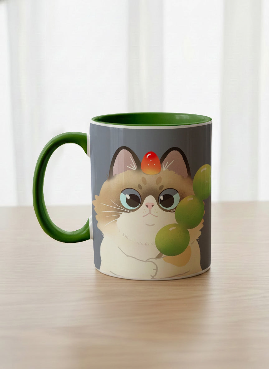Classic Mug | My Shiny Treat left view mug grumpy fluffy cat clutching green grapes, tiny red mushroom hat, slate blue background, green interior, by Hyun Jung Cho