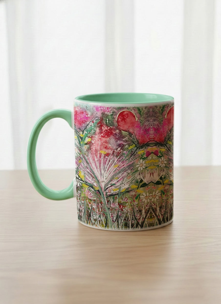 Classic Mug | Garden Mantra left view mug with a vibrant floral design and colorful abstract pattern by Renee Pupetz - Gallery By Inhesion