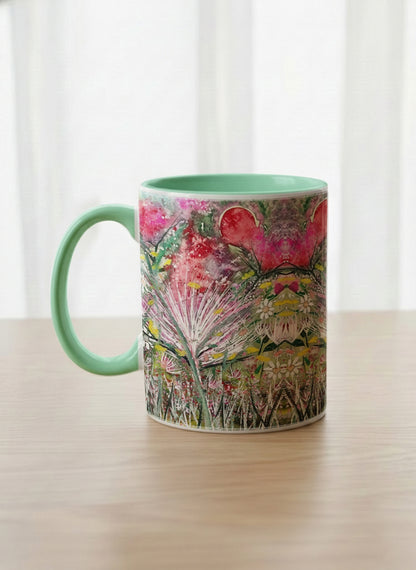 Classic Mug | Garden Mantra left view mug with a vibrant floral design and colorful abstract pattern by Renee Pupetz - Gallery By Inhesion