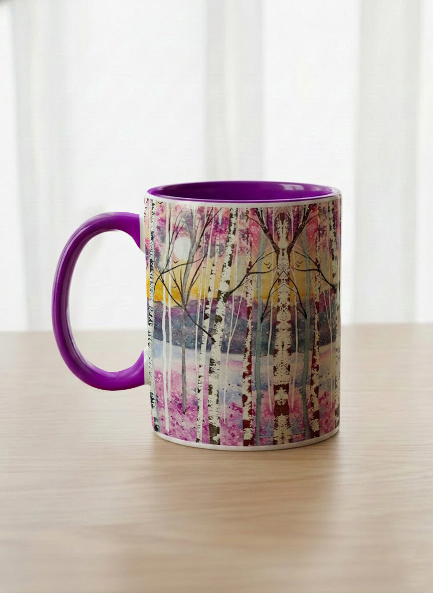 Classic Mug | Living in Colour left view mug shows colorful watercolor birch trees in a dreamy forest landscape by Renee Pupetz - Gallery By Inhesion