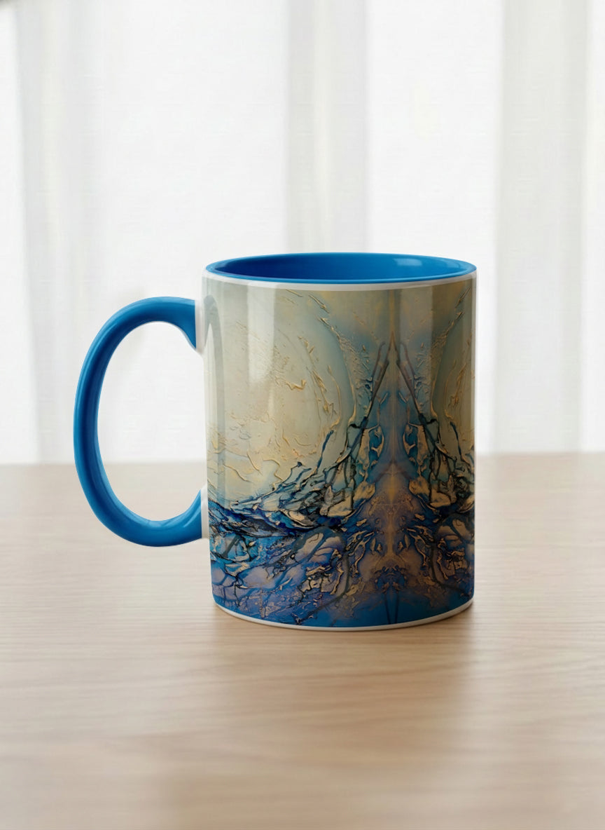 Classic Mug | Touches of depth left view mug showing abstract pattern in blue, white, and gold by Mersedes Mein - Gallery By Inhesion