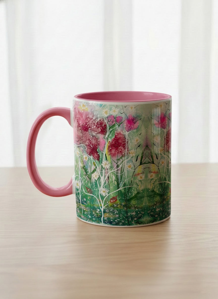 classic Mug | Nature’s waking up left view mug shows a floral design with colorful blossoms and lush greenery by Renee Pupetz - Gallery By Inhesion