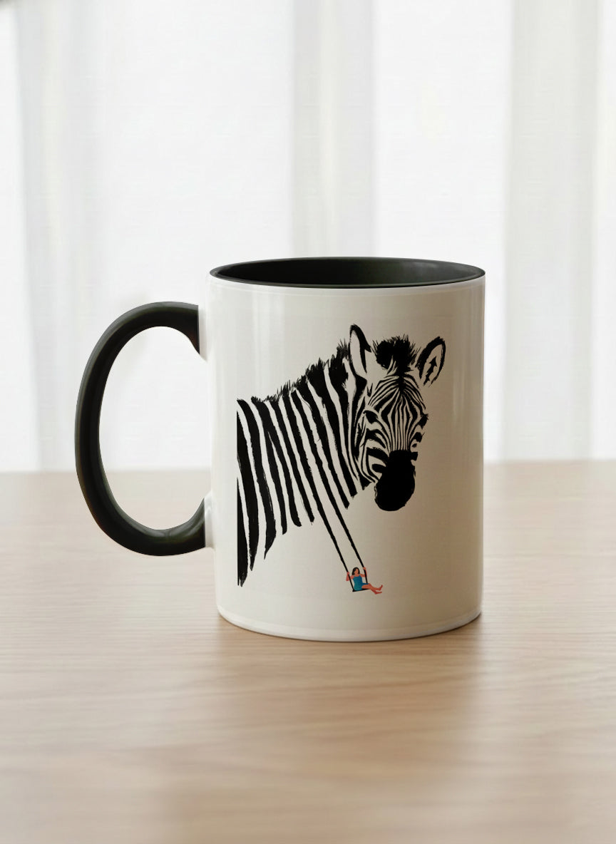 Classic Mug | Swinging between reality and illusion left view mug with a zebra illustration and a person swinging under it by Tang Yau Hoong - Gallery By Inhesion