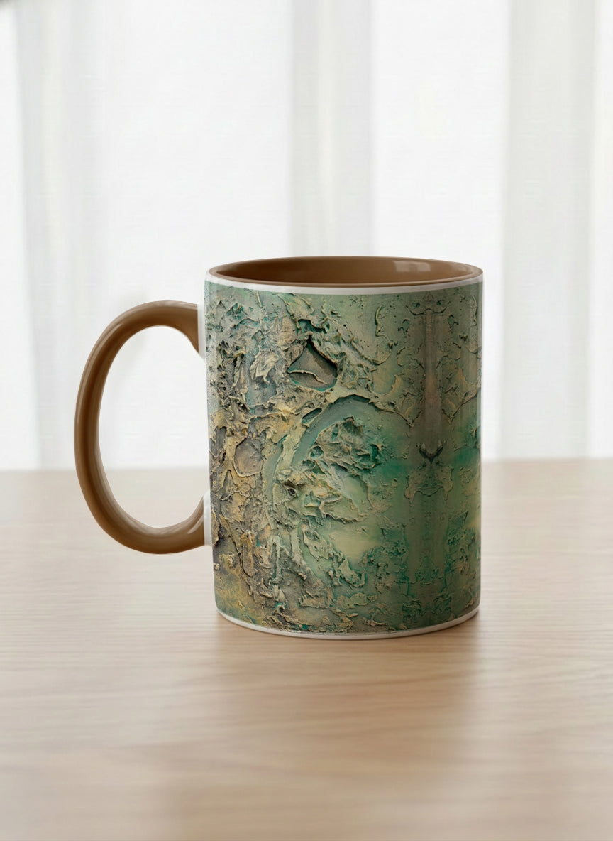 Classic Mug | Green textured left view mug with earthy, weathered pattern and brown handle on a light surface by Mersedes Mein - Gallery By Inhesion