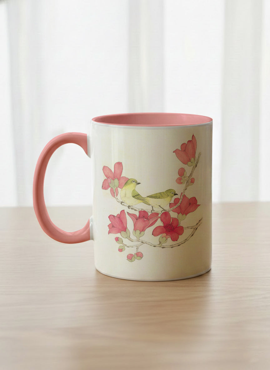 Classic Mug | Forever Love left view mug with watercolor birds on branch with pink flowers by Alice Wong - Gallery By Inhesion