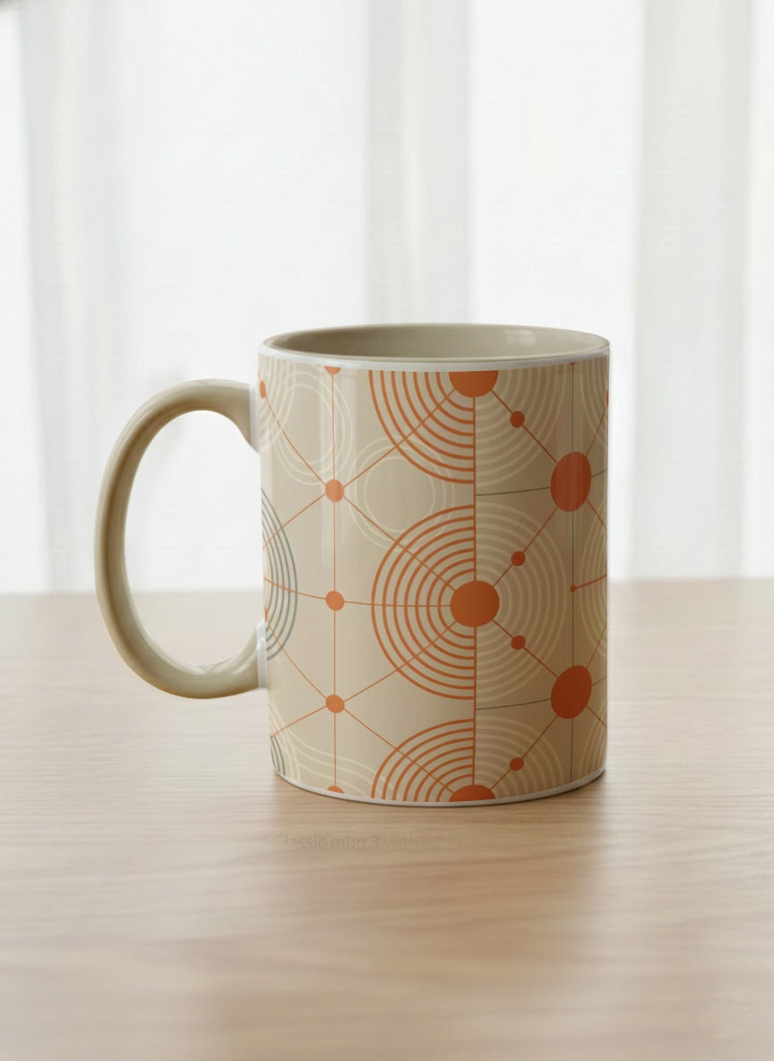 Classic Mug | Entangled Terracotta Web left view mug, orange geometric circle pattern, cream finish, by Alan CL Lee - Gallery By Inhesion