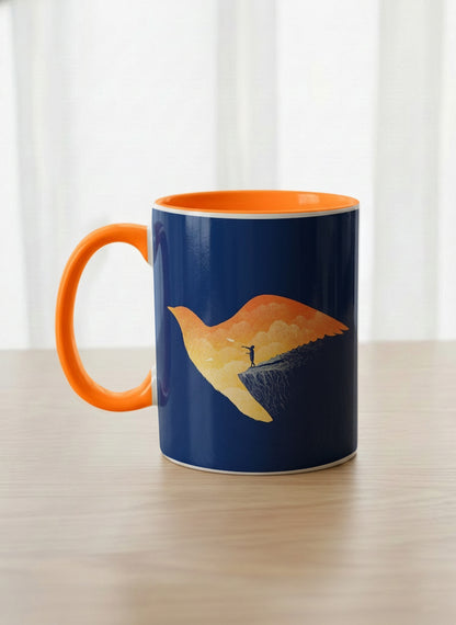 Classic Mug | Dream Big left view mug with surreal flying bird illustration in sunset colors by Tang Yau Hoong - Gallery By Inhesion