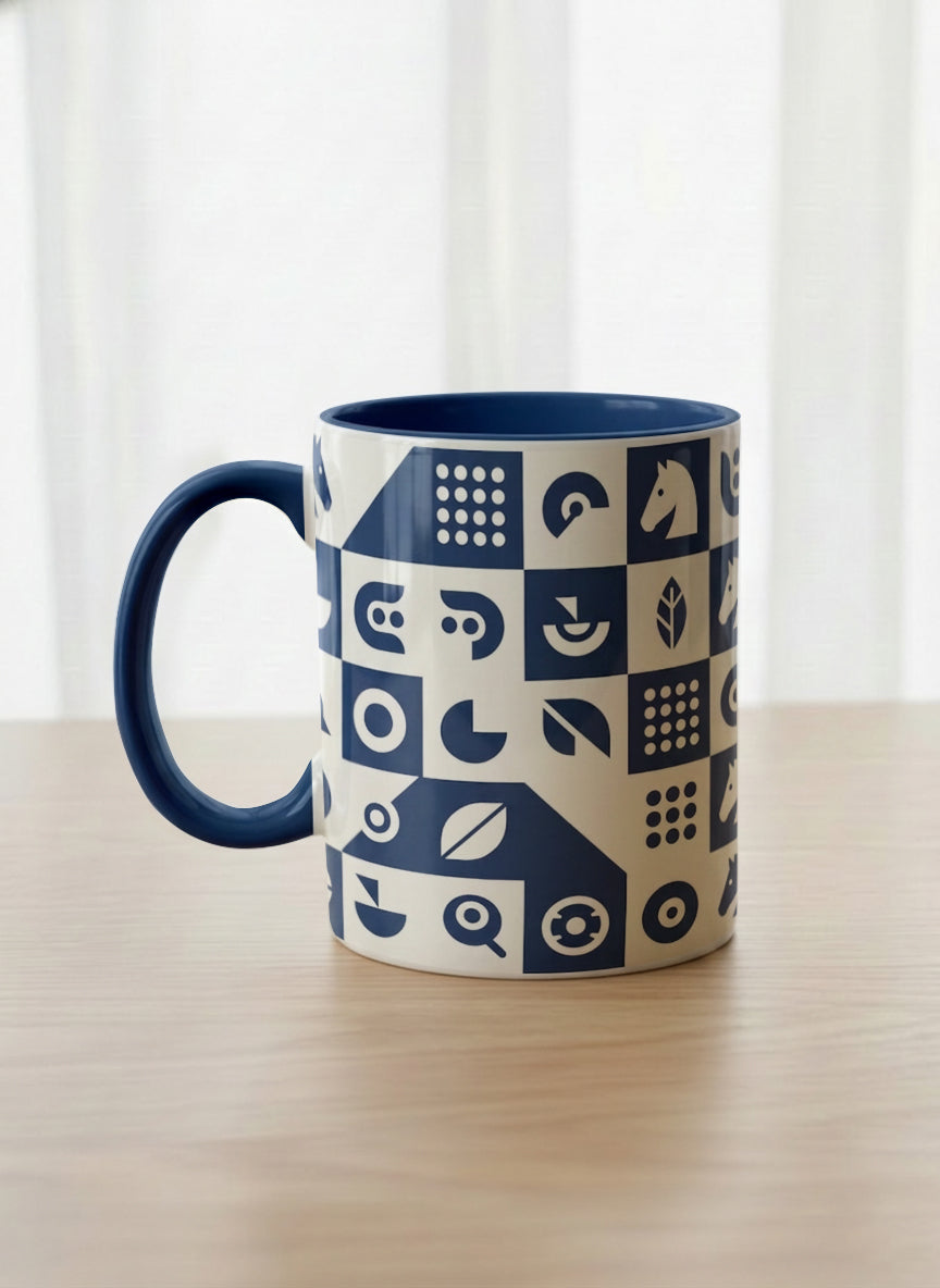 Classic Mug | Multiversal Sigils left view mug, navy and white checkerboard pattern with icons, blue interior and handle, by Alan CL Lee - Gallery By Inhesion