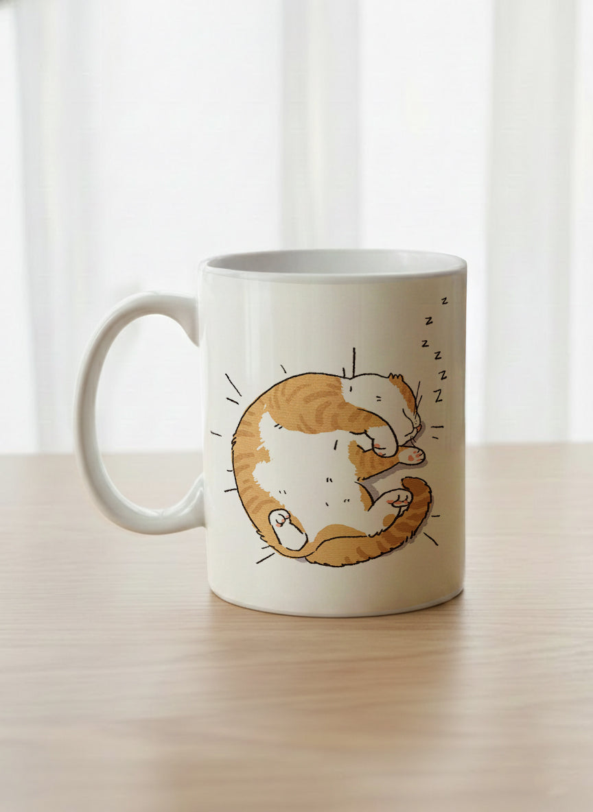 classic Mug | Sweet Dreams left view mug, a ginger tabby cat curled into a perfect circle fast asleep with tiny zzz's floating above, clean white interior and handle, by Hyun Jung Cho - Gallery By Inhesion