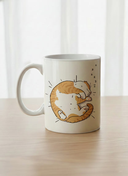 classic Mug | Sweet Dreams left view mug, a ginger tabby cat curled into a perfect circle fast asleep with tiny zzz's floating above, clean white interior and handle, by Hyun Jung Cho - Gallery By Inhesion