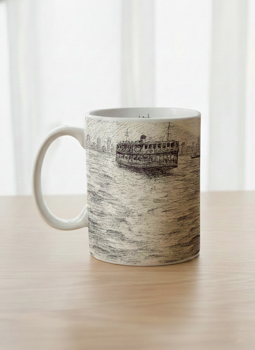 Classic Mug | Shimmering Passage left view mug showing a pen drawing Star Ferry in Hong Kong by Samuel Kwok - Gallery By Inhesion