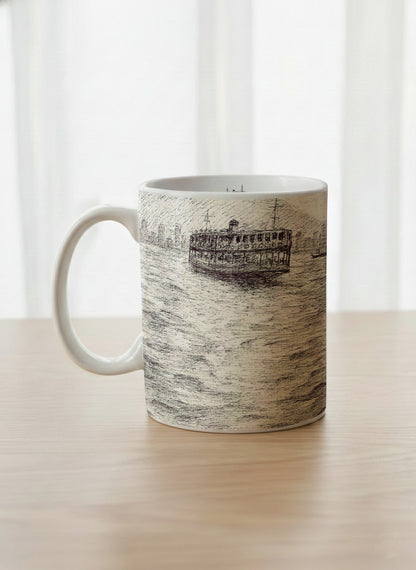 Classic Mug | Shimmering Passage left view mug showing a pen drawing Star Ferry in Hong Kong by Samuel Kwok - Gallery By Inhesion