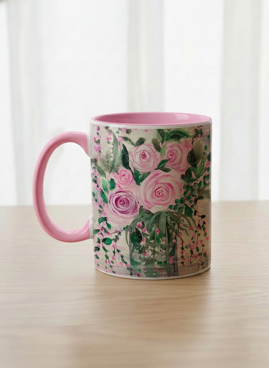 Classic Mug | Pink Roses in a Jar left view mug showing painted pink roses and greenery on a light background design by Renee Pupetz - Gallery By Inhesion