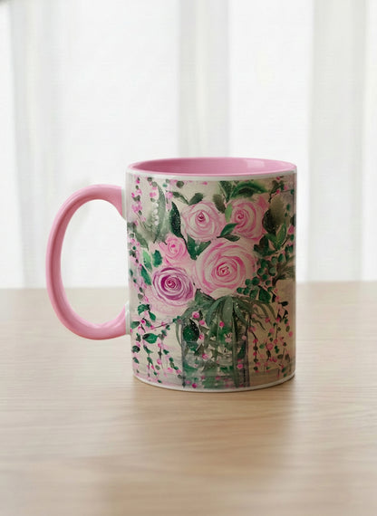Classic Mug | Pink Roses in a Jar left view mug showing painted pink roses and greenery on a light background design by Renee Pupetz - Gallery By Inhesion