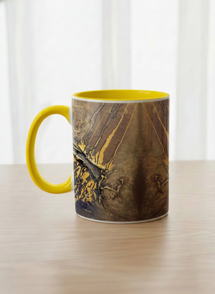 Classic Mug | Unfolding Luminance left view  mug showing abstract marbled pattern in brown, black, and gold tones by Mersedes Mein - Gallery By Inhesion