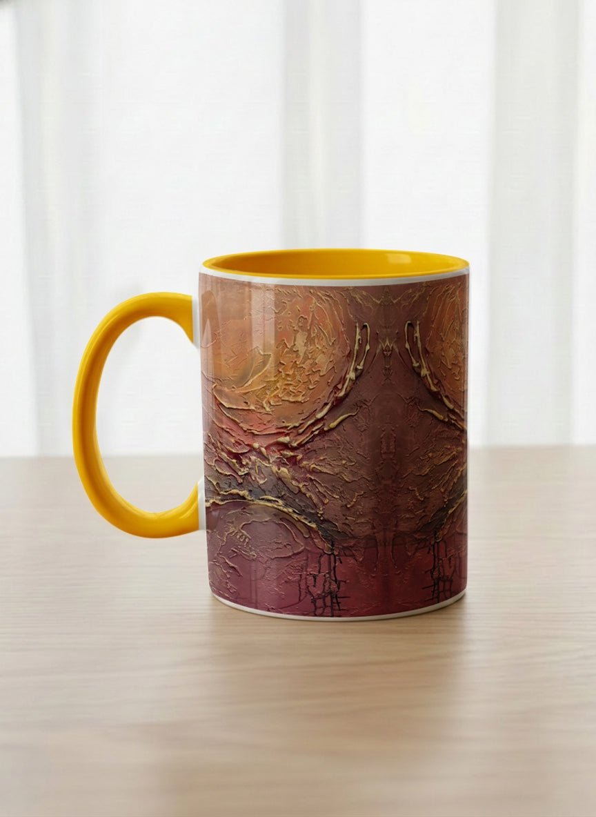classic Mug | Fiery Arabesque left view mug showing abstract marbled pattern in earthy brown, red, and gold tones by Mersedes Mein - Gallery By Inhesion