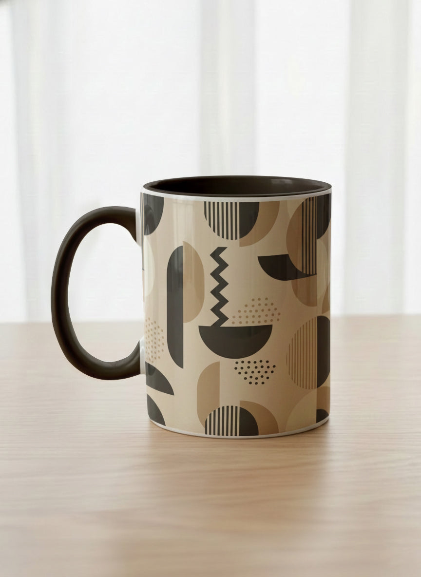 Classic Mug | Parallel Dune Echo left view mug, beige and charcoal geometric shapes with dots and stripes, dark interior and handle, by Alan CL Lee - Gallery By Inhesion