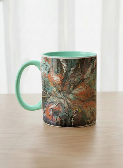 Classic Mug | Winged Light left view mug showing a fluid art painting with swirling, multicolored design by Renee Pupetz - Gallery By Inhesion