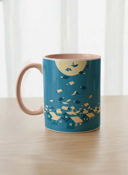 Classic Mug | House of Wings left view mug with whimsical house roof flying over a night cityscape by Tang Yau Hoong - Gallery By Inhesion
