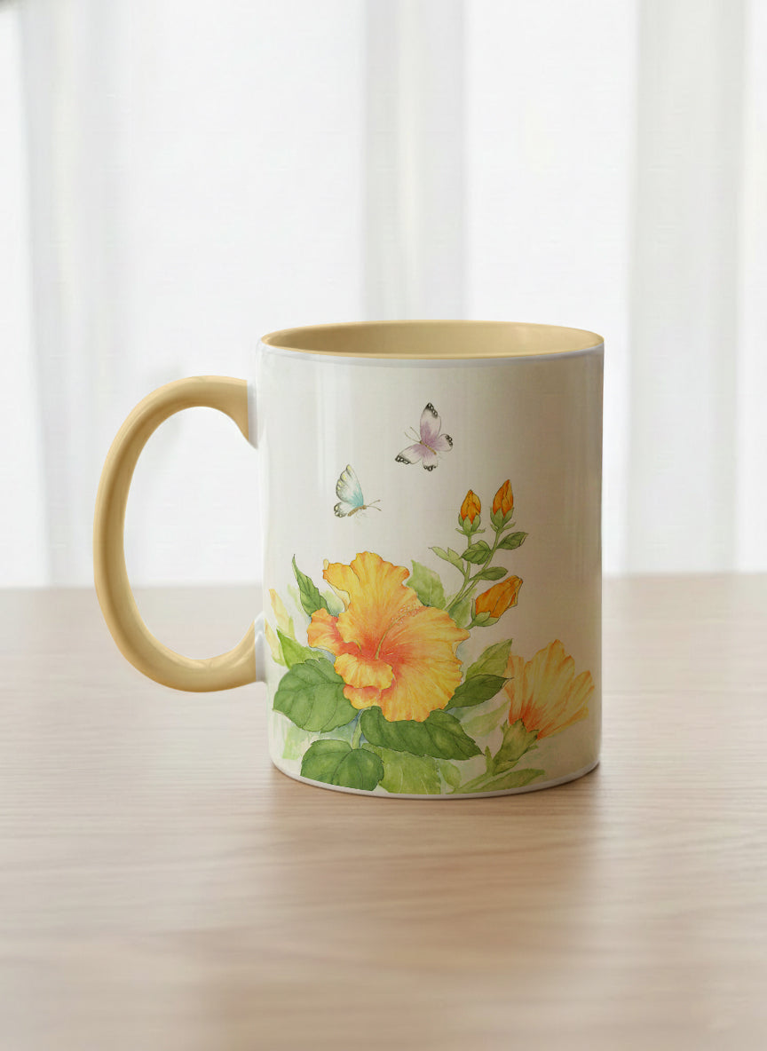 Classic Mug | Butterfly Lovers left view mug with watercolor butterflies and vibrant yellow/orange flowers by Alice Wong - Gallery By Inhesion