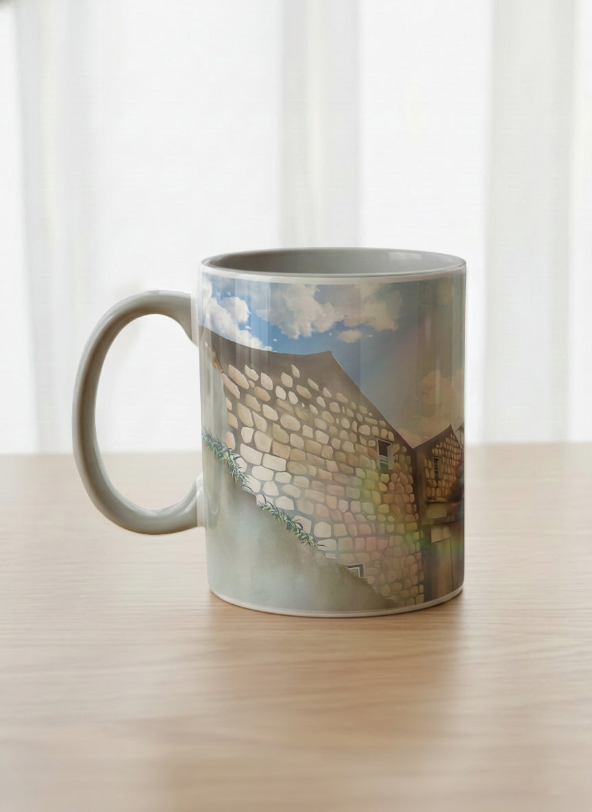 Classic Mug | The Timeless Facade left view mug ancient stone walls rising under a bright blue sky with soft drifting clouds, clean pearl white interior and handle,  by Samuel Kwok Gallery By Inhesion