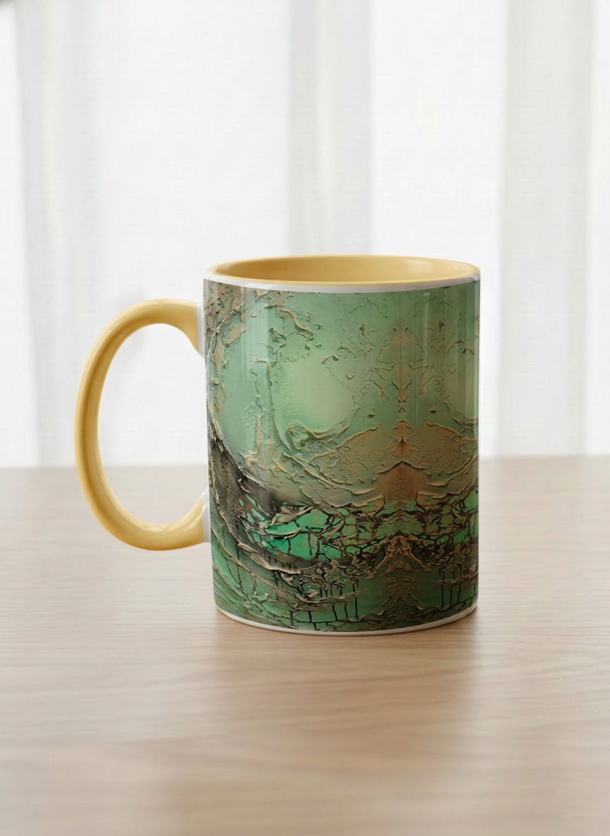 classic Mug | Emerald Magic left view mug showing abstract marbled pattern in green, gold, and earthy tones by Mersedes Mein - Gallery By Inhesion