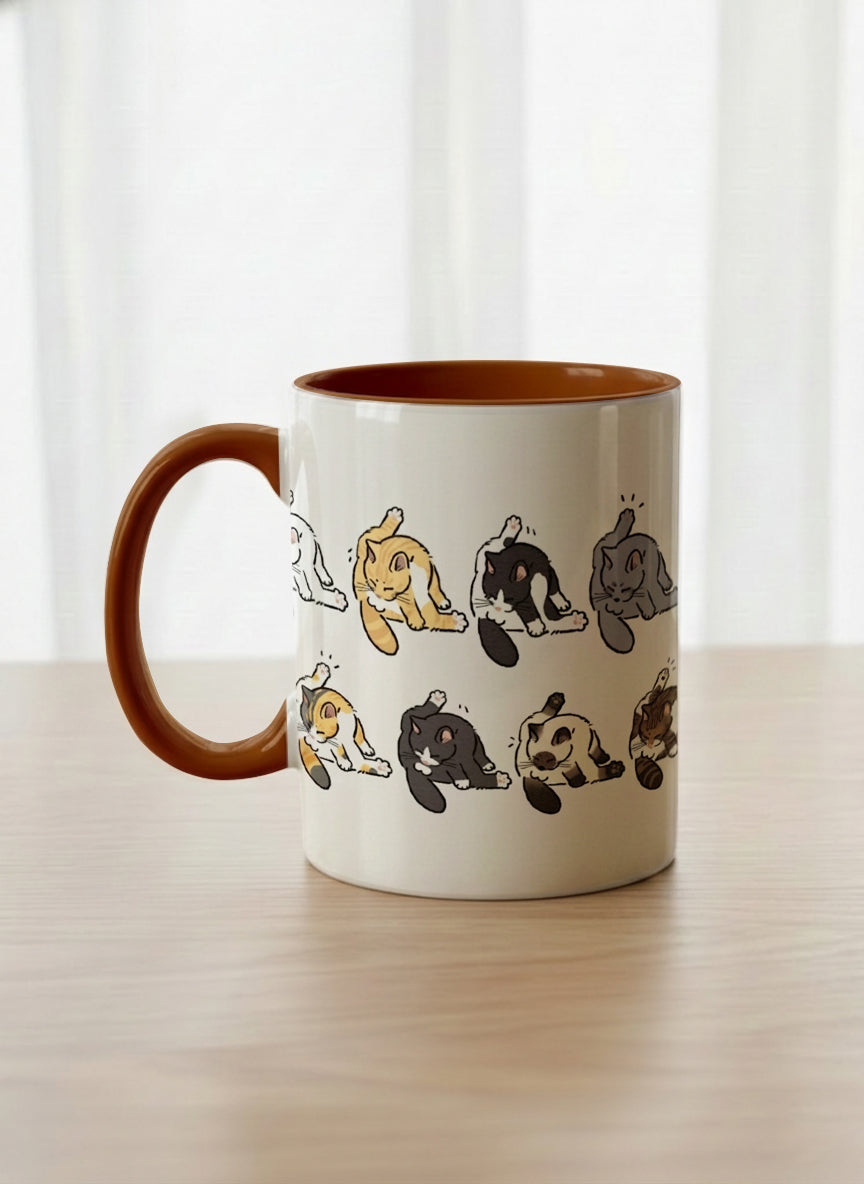 classic Mug | The Grooming Club left view mug eight cats mid-stretch and self-groom in playful rows, soft grey interior and handle, by Hyun Jung Cho