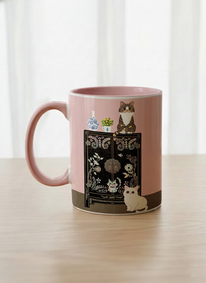 Classic Mug | Korean Beauty & Felines left view mug cats by ornate black lacquer cabinet with floral carvings, blush pink interior, by Hyun Jung Cho