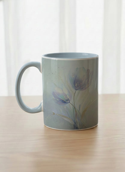 classic mug | Glass Petals left view mug, a delicate translucent poppy bloom emerging from a soft misty blue-grey wash, matching powder blue interior and handle, by Karina Mosser - Gallery By Inhesion