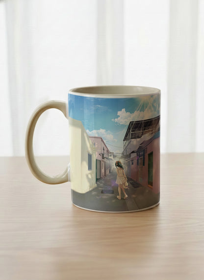 Classic Mug | The Secret Passage left view mug showing a colorful street scene with a girl walking in a vibrant alley by Samuel Kwok - Gallery By Inhesion