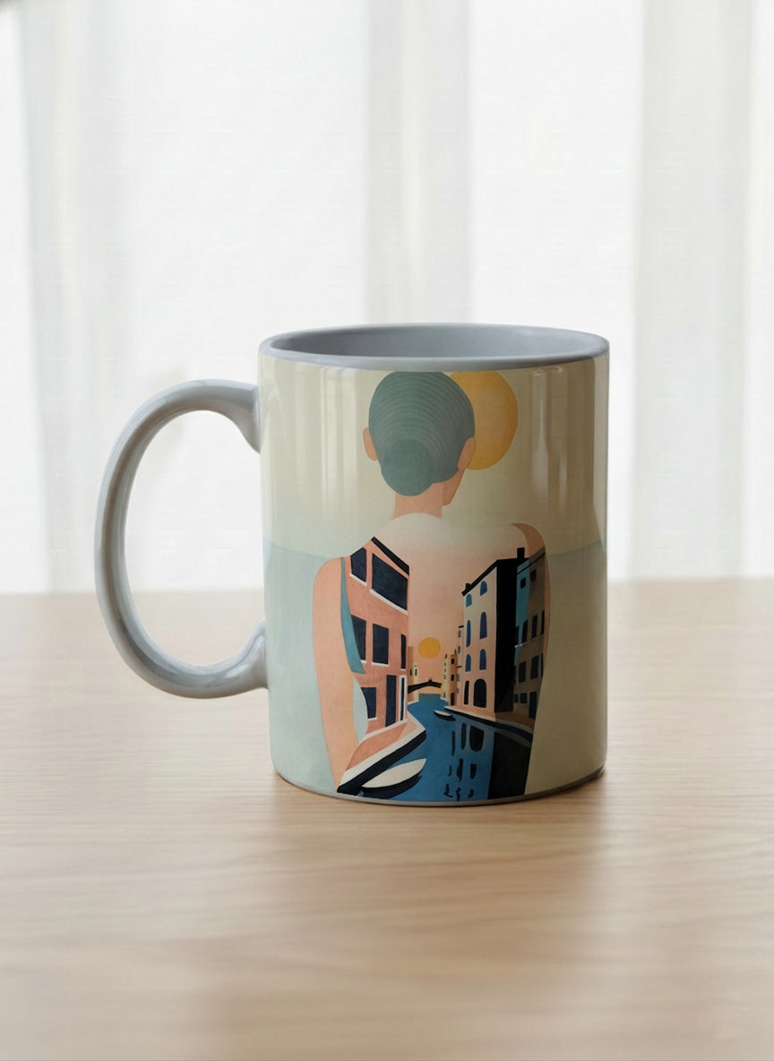 Classic mug | Memory on the Bridge left  view mug a solitary figure gazing over a sunlit Venetian canal lined with terracotta buildings, soft powder blue interior and handle, by KikaG - Gallery By Inhesion
