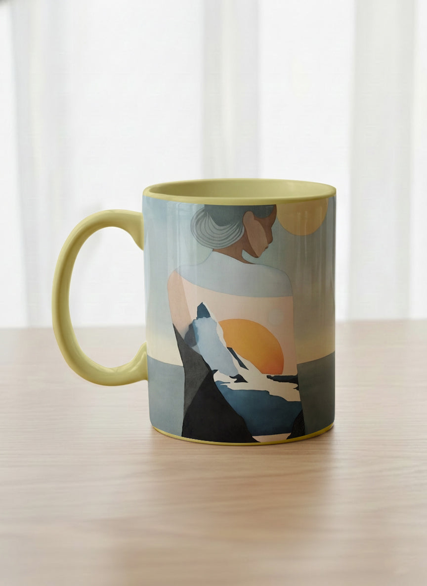 Classic mug | A Mountain to Climb left view mug woman gazing over jagged peaks and a golden sun on teal horizon, butter yellow interior, by KikaG - Gallery By Inhesion
