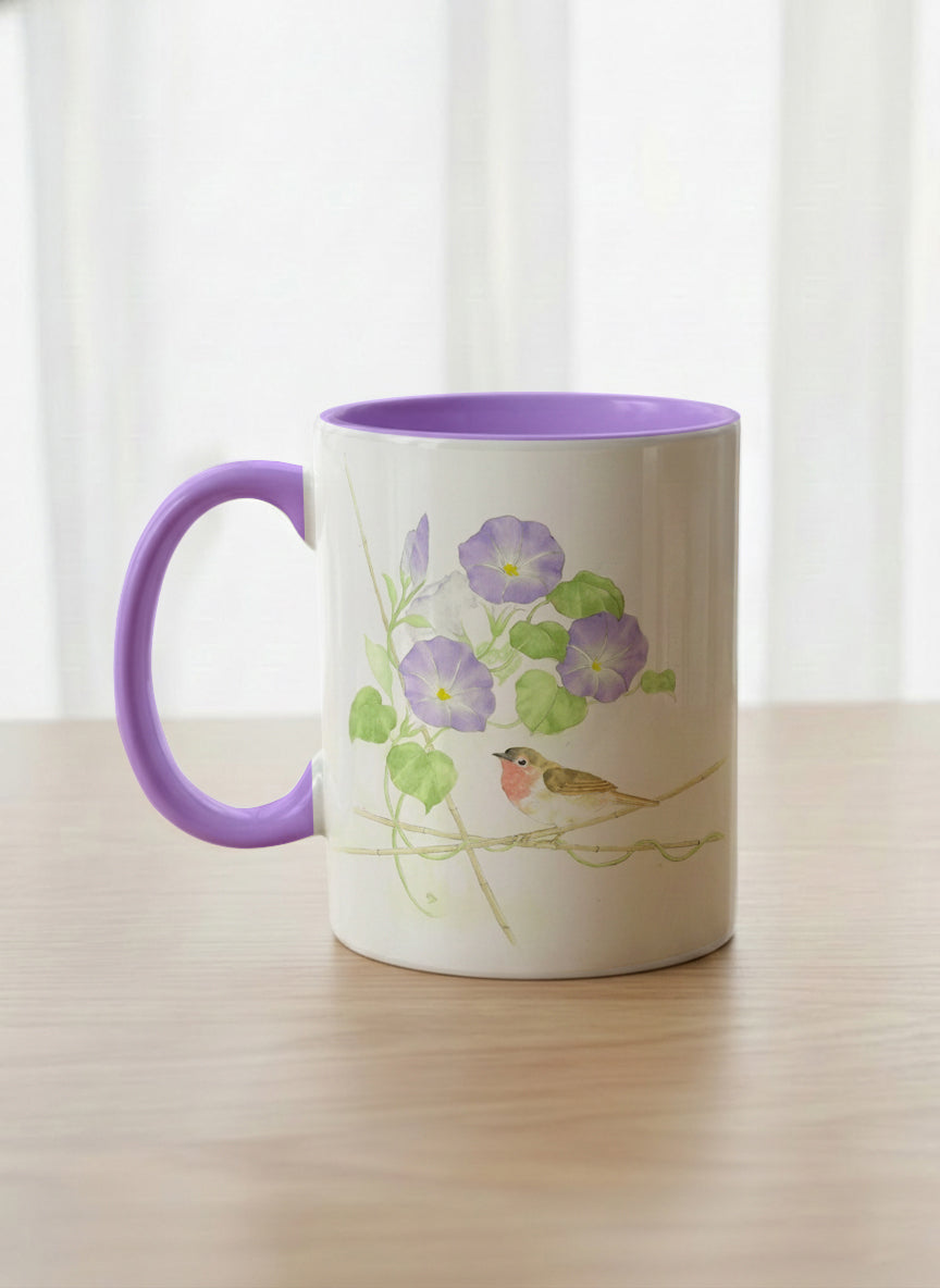 Classic Mug | Morning Glory left view mug with watercolor bird and purple flowers artwork by Alice Wong - Gallery By Inhesion