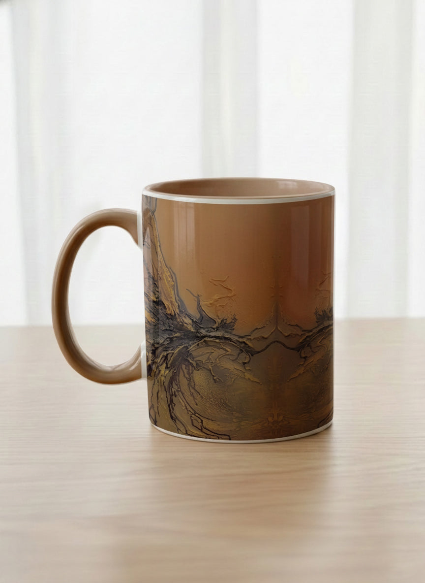 Classic Mug | Flowing Essence left view mug showing abstract marbled pattern in brown, black, and gold tones by Mersedes Mein - Gallery By Inhesion
