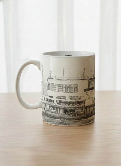 Classic Mug | The Star of the Harbor left view mug showing a sketch of Star Ferry Pier in Hong Kong by Samuel Kwok - Gallery By Inhesion