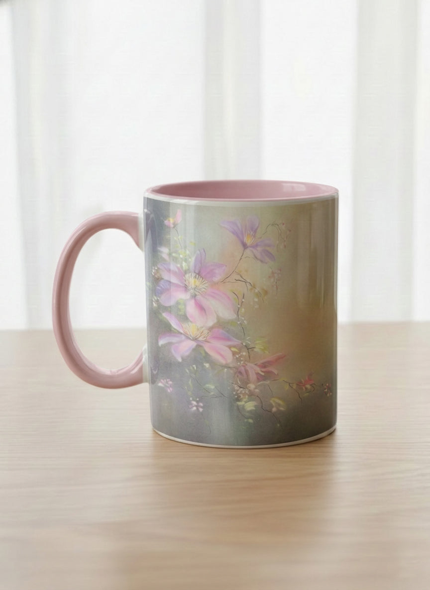 Classic mug | Ethereal Blossoms left view mug, soft pink clematis flowers glowing against a deep moody sage green mist, blush pink interior and handle, by Karina Mosser - Gallery By Inhesion
