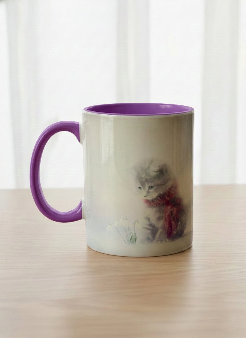 Classic mug | Waiting for Spring left  view mug, a tiny kitten in a burgundy scarf sitting in a soft misty meadow, dusty rose interior and handle, by Karina Mosser - Gallery By Inhesion