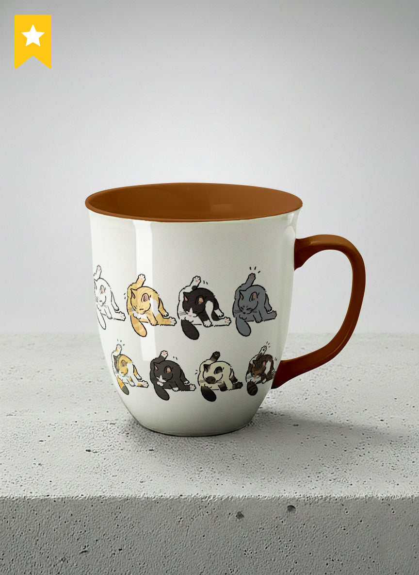 Ronny Mug | The Grooming Club mug eight cats mid-stretch and self-groom in playful rows, soft grey interior and handle, by Hyun Jung Cho