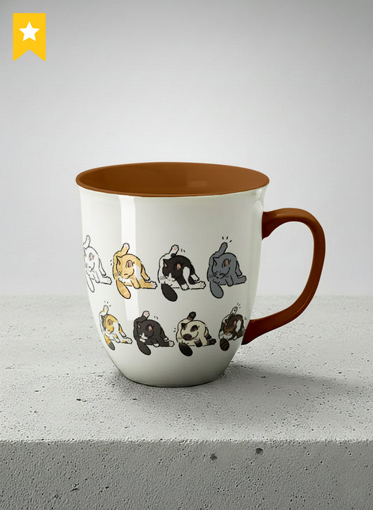 Ronny Mug | The Grooming Club mug eight cats mid-stretch and self-groom in playful rows, soft grey interior and handle, by Hyun Jung Cho