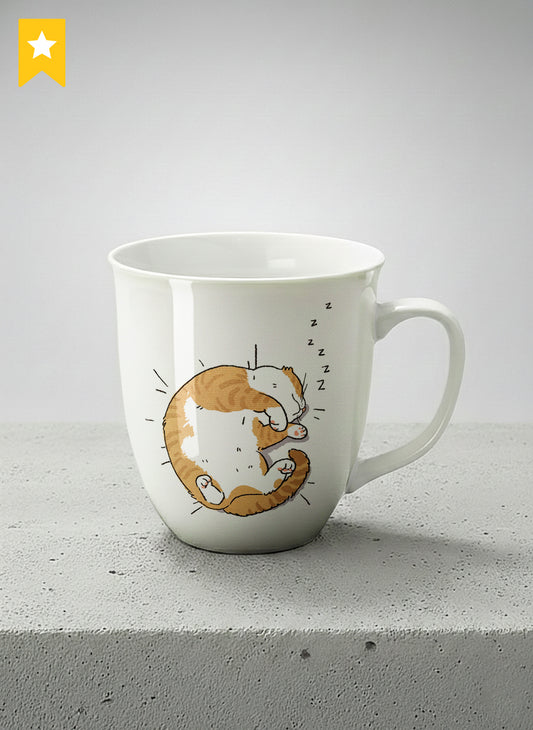 Ronny Mug | Sweet Dreams mug, a ginger tabby cat curled into a perfect circle fast asleep with tiny zzz's floating above, clean white interior and handle, by Hyun Jung Cho - Gallery By Inhesion