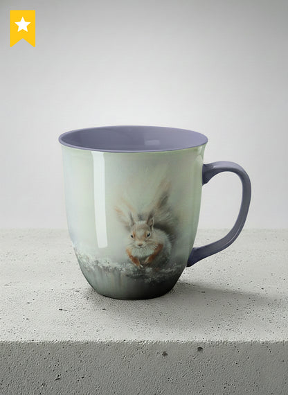 ronny mug | Caught in Frost mug, wide-eyed squirrel emerging from a misty winter ground, slate blue interior and handle, by Karina Mosser - Gallery By Inhesion