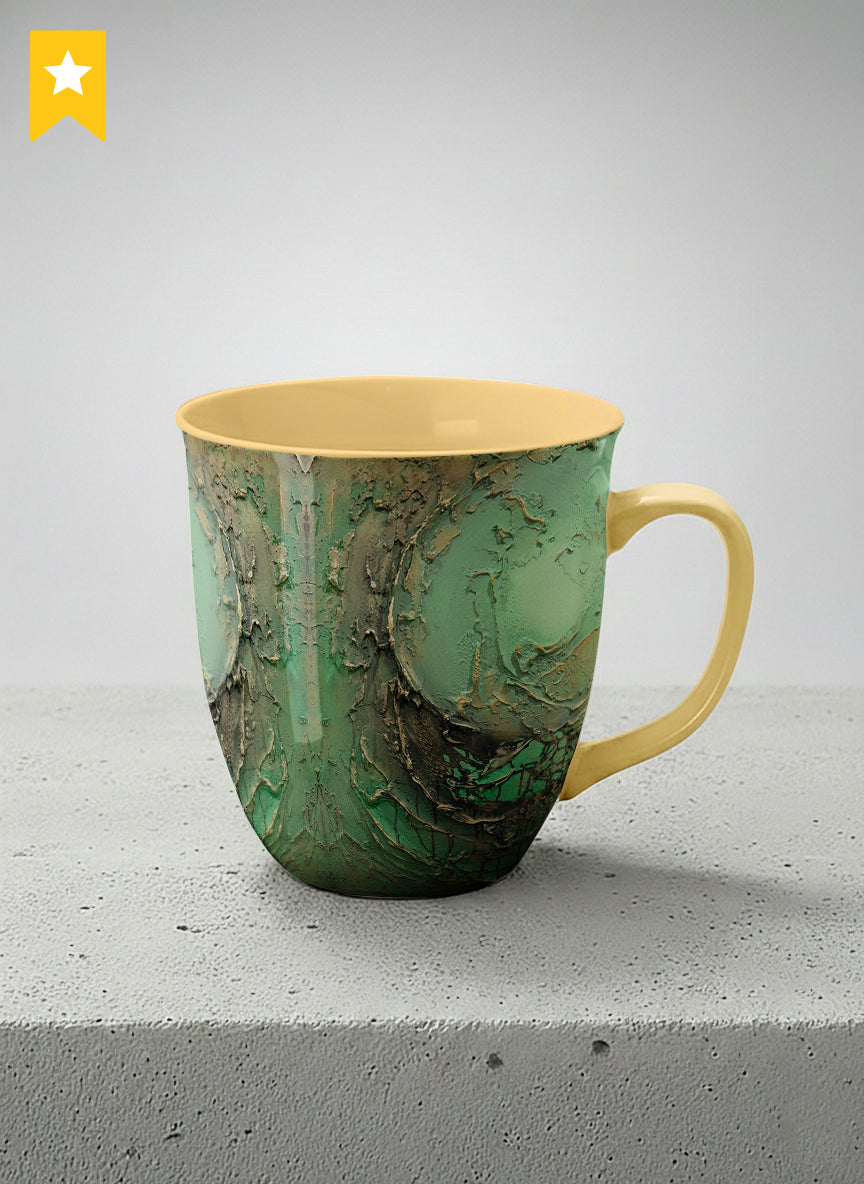 Ronny Mug | Emerald Magic mug showing abstract marbled pattern in green, gold, and earthy tones by Mersedes Mein - Gallery By Inhesion