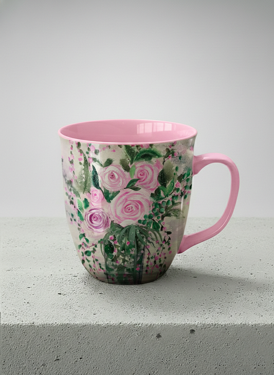 Ronny Mug | Pink Roses in a Jar mug showing painted pink roses and greenery on a light background design by Renee Pupetz - Gallery By Inhesion