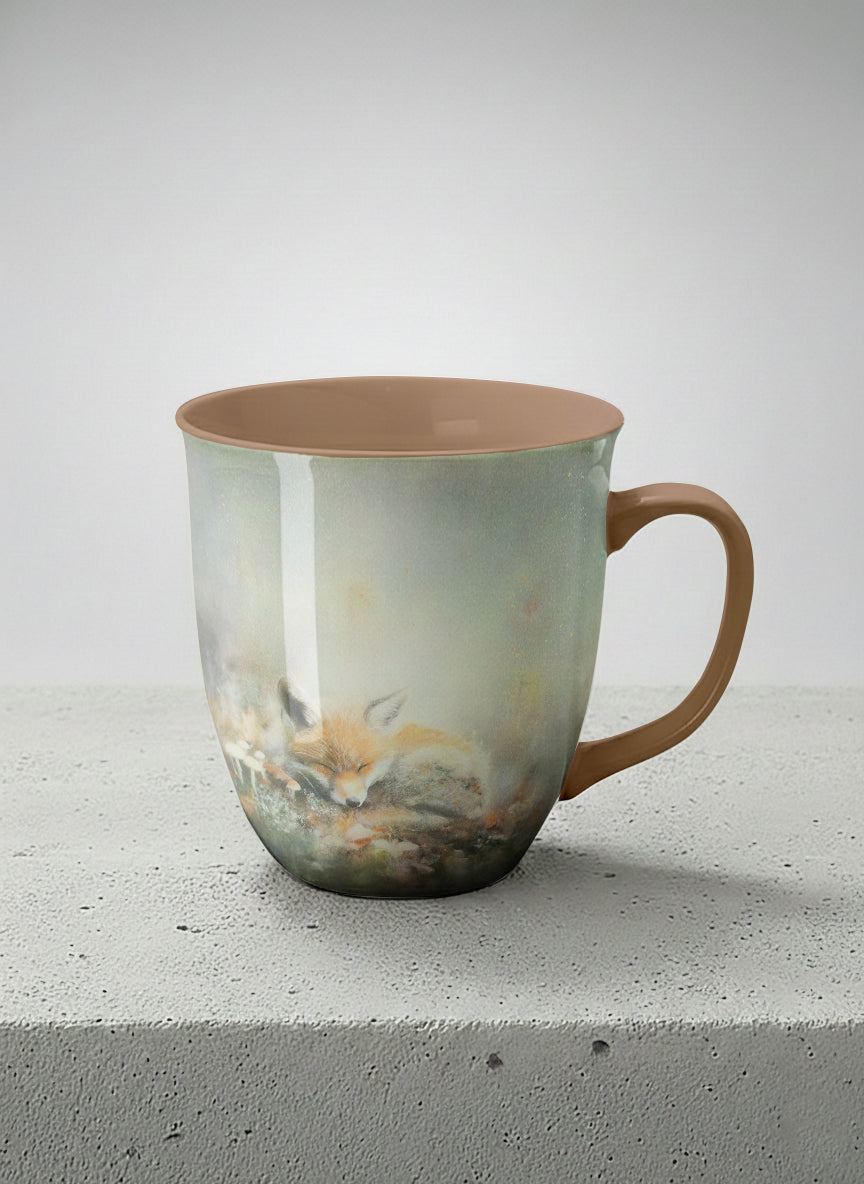 ronny mug | Lullaby mug, sleeping fox curled in a soft misty meadow, warm terracotta interior and handle, by Karina Mosser - Gallery By Inhesion