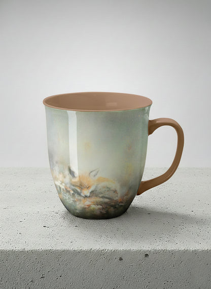 ronny mug | Lullaby mug, sleeping fox curled in a soft misty meadow, warm terracotta interior and handle, by Karina Mosser - Gallery By Inhesion