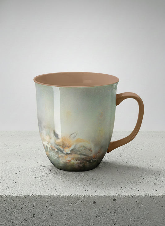 ronny mug | Lullaby mug, sleeping fox curled in a soft misty meadow, warm terracotta interior and handle, by Karina Mosser - Gallery By Inhesion