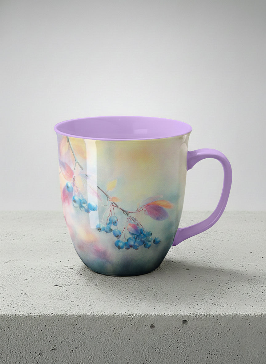 ronny mug | Frosted Morning mug, vivid blue berries and autumn leaves drifting across a dreamy pastel rainbow wash, soft lavender interior and handle, by Karina Mosser - Gallery By Inhesion
