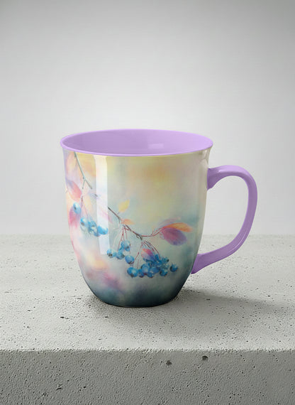 ronny mug | Frosted Morning mug, vivid blue berries and autumn leaves drifting across a dreamy pastel rainbow wash, soft lavender interior and handle, by Karina Mosser - Gallery By Inhesion