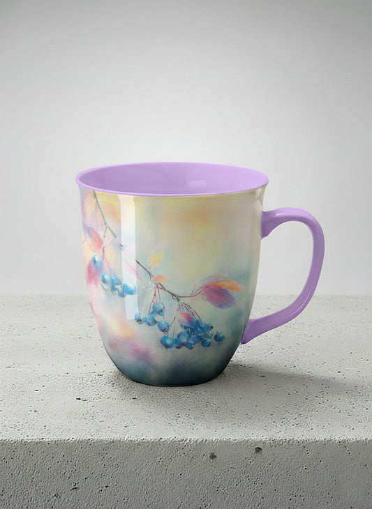 ronny mug | Frosted Morning mug, vivid blue berries and autumn leaves drifting across a dreamy pastel rainbow wash, soft lavender interior and handle, by Karina Mosser - Gallery By Inhesion
